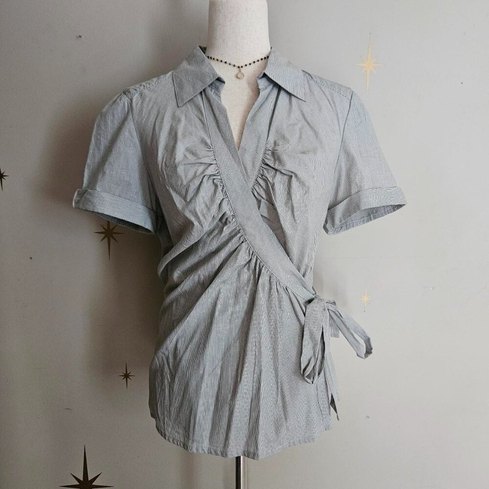 Vtg Love Potion Sz Large SS Wrap Blouse, Gray Pinstripes 100% Cotton y2k
